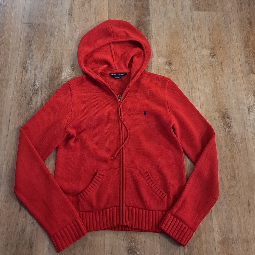 Polo by Ralph Lauren Red Hooded Zip Sweater Jacket Youth Size Large Women Small